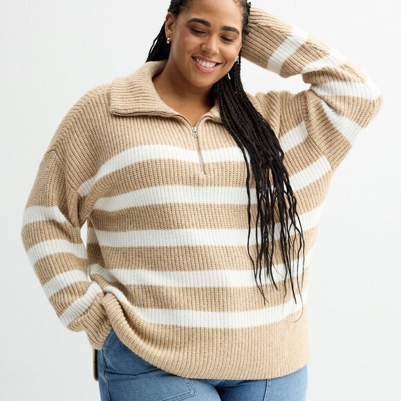 SONOMA Plus Size Quarter Zip Tunic Sweater Tan Brown White Striped 1/4 Zip Fall - Picture 1 of 15